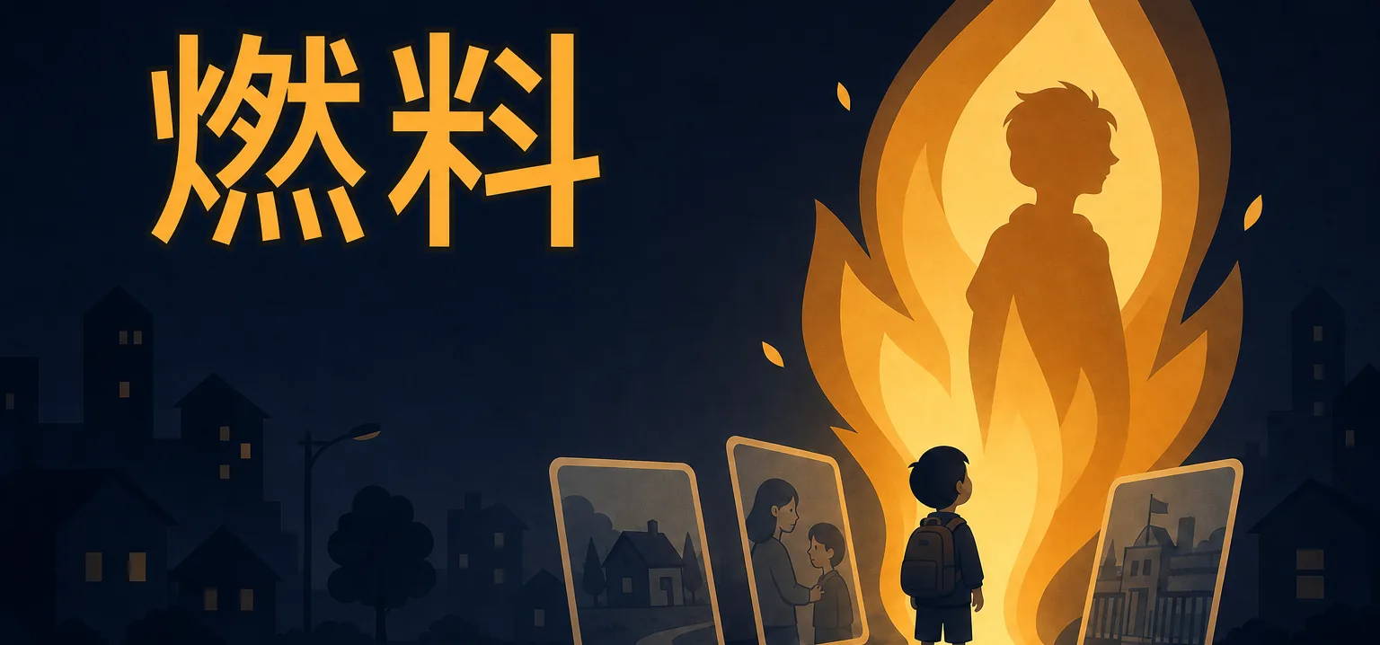 《燃料》游戏封面：黑夜中少年与巨大的火焰